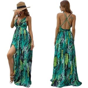 🎉6/$26🎉SHEIN Tropical Print Criss Cross Back Split Thigh Cami Dress